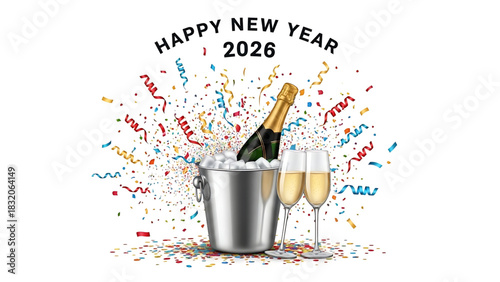 Sparkling New Year 2026 Celebration with Champagne and Colorful Confetti