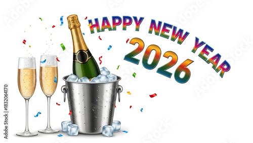 Celebrating the upcoming year 2026 with champagne and colorful confetti