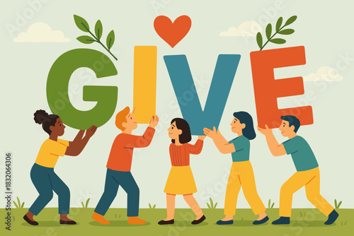 Unity in generosity: diverse characters supporting the act of giving with community spirit