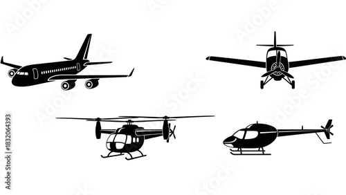 Collection of Aircraft Silhouettes Featuring Airplane, Helicopter and Aviation Transportation