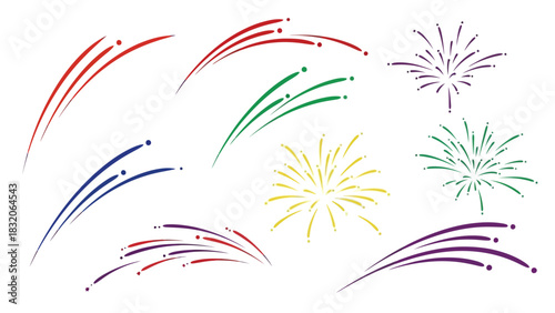 Festive fireworks elements in various colors, perfect for celebrations and special occasions