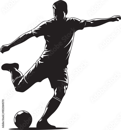 Dynamic soccer player silhouette kicking ball with powerful energy and precision