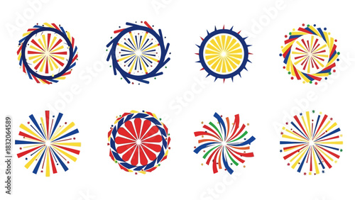 Festive graphic fireworks design elements in red, yellow, and blue creating celebration atmosphere