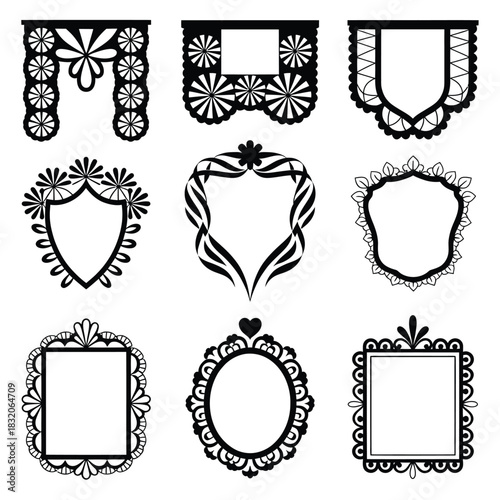 Collection of decorative black and white ornate frames and borders