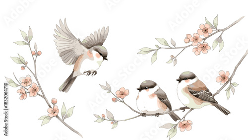 Watercolor illustration of three small songbirds perched on delicate spring branches with soft pink blossoms, isolated on