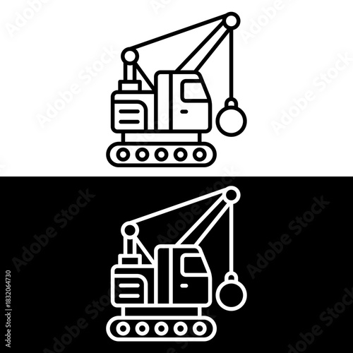 Outline Wrecking Ball Crane Icon for Demolition, Construction Site, and Heavy Machinery UI Design