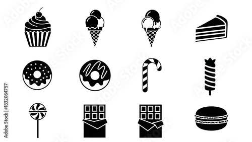 Monochrome assortment of sweet desserts and confections vector icons design isolated on white