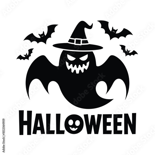 Spooky halloween ghost with witch hat and bats