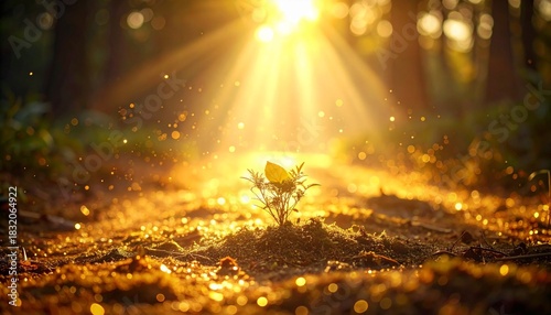 Small green sprout growing in golden soil with magical glowing particles rising up under bright sunbeams. Concept of new life.