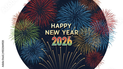 Vibrant fireworks celebrate Happy New Year 2026 against dark backdrop.