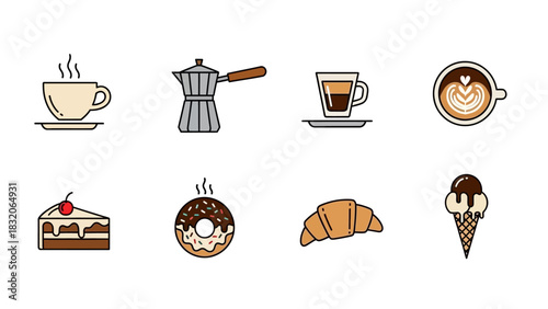 Coffee time and sweet treats: A delightful selection of coffee and pastry icons