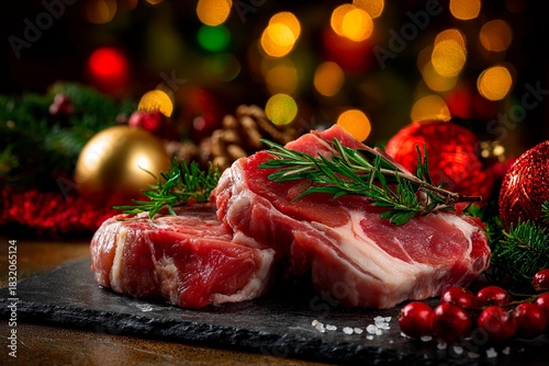 Juicy meat cuts rest on a dark stone board, surrounded by green herbs and colorful holiday decorations, ready for cooking during the festive season