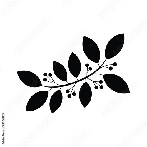 Black silhouette of a delicate branch with leaves and berries