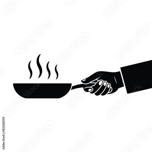 Silhouette of a hand holding a frying pan with steam rising