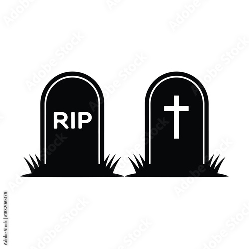 Two gravestones with rip and cross symbols in grass