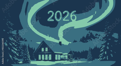 Enchanting winter night scene for the year 2026, with aurora borealis illuminating a cozy cabin in a snowy forest illustration