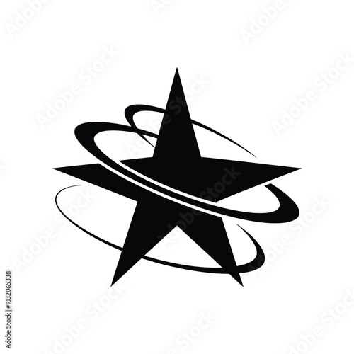 Black star with swirling orbit lines graphic design