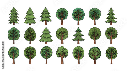 Collection of pixel art style deciduous and coniferous tree icons with various shapes and shades of green, isolated on