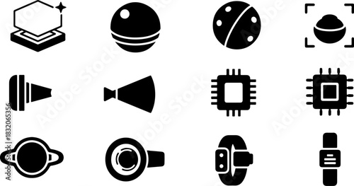 Dozen Black Technology Icons: Futuristic Gadgets, Smart Devices, Microchips, Planet, Speaker, and Augmented Reality Symbols for Innovation Concepts.