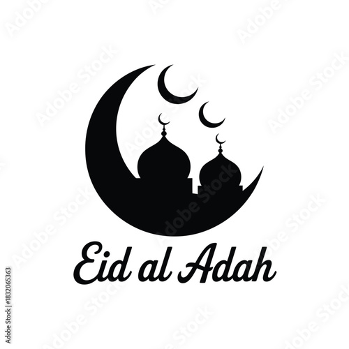 Mosque silhouette with crescent moon and eid al adah text