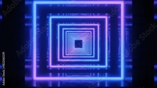 Neon squares receding into a dark space, fading from blue to purple