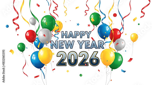 Colorful balloon display with celebratory message wishing Happy New Year 2026.