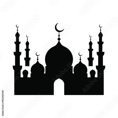 Silhouette of a grand mosque with domes and minarets