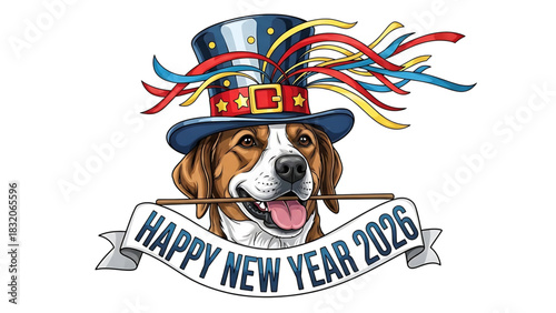 Adorable dog celebrating New Year 2026 with festive hat and banner.