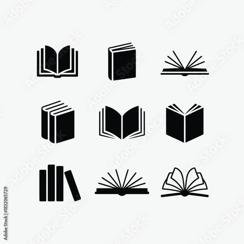 Collection of nine black open and closed book icons on a white background