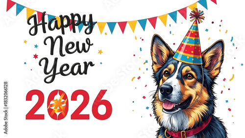 Cheerful Dog Celebrates Happy New Year 2026 With Party Hat