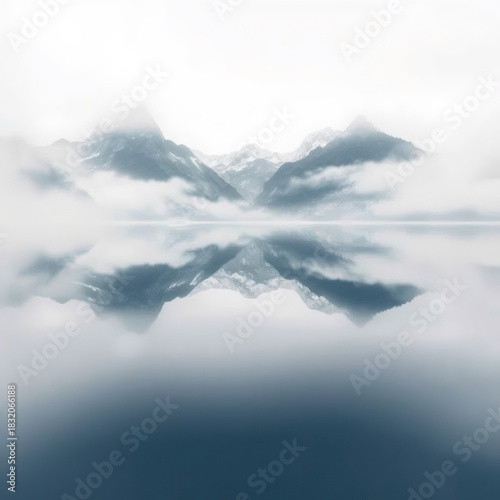 Stunning serene lake surrounded by misty mountains at dawn reflecting tranquil waters