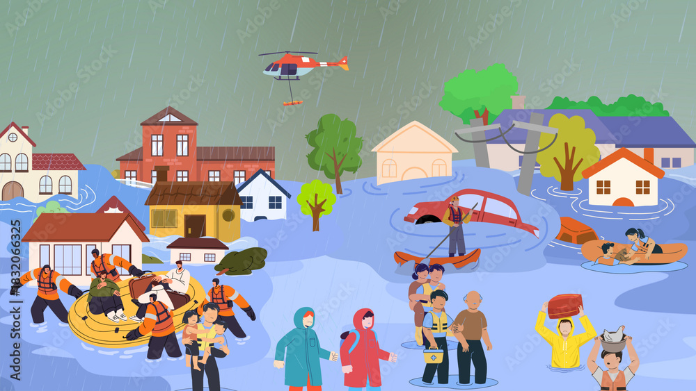 Obraz premium Cartoon illustration of natural disaster flood, evacuation of flood victims.