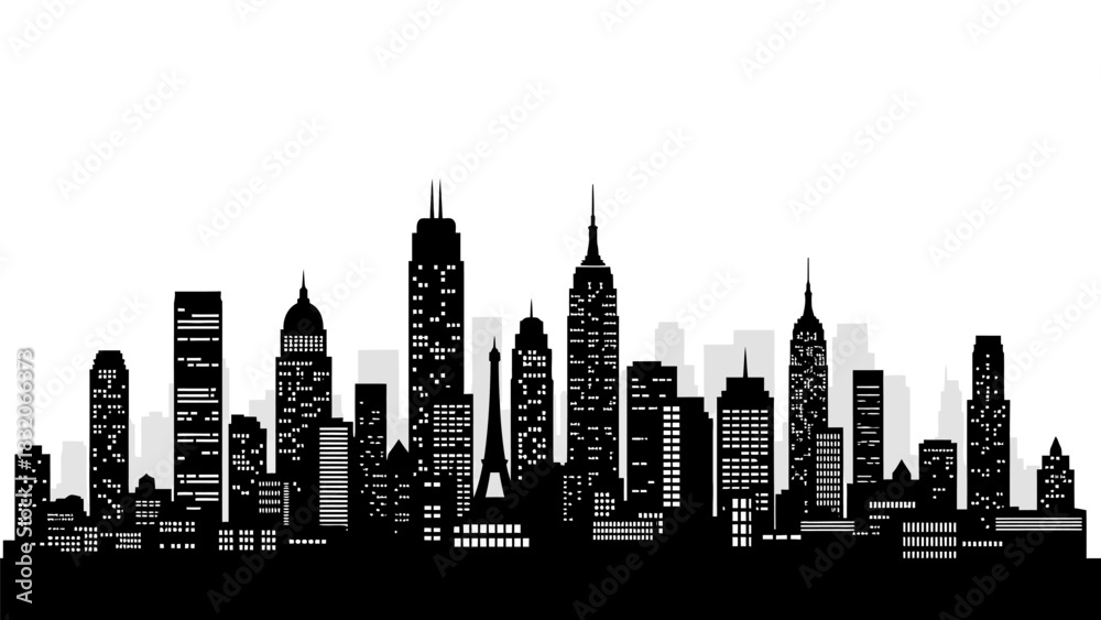 Obraz premium Detailed night city skyline silhouette with illuminated windows vector illustration urban street scene architecture panorama backdrop modern metropolis high rise tower cityscape graphic