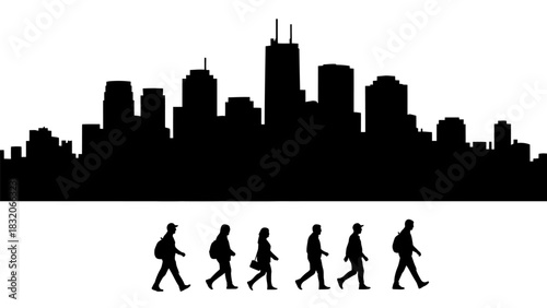 City skyline silhouette with skyscrapers and six people walking below representing urban commuter lifestyle and metropolitan business environment design element graphic