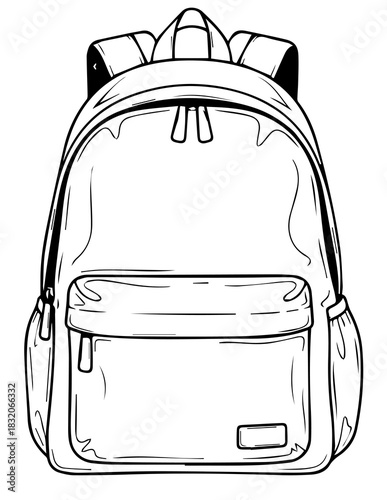 Minimalist black and white line drawing of a versatile backpack, ideal for students, travelers, or outdoor enthusiasts, featuring classic design elements and practical storage solutions
