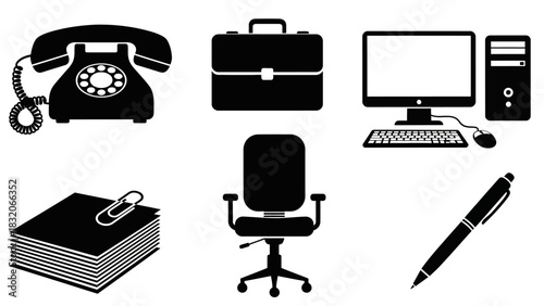Set of six office and business equipment icons including rotary telephone briefcase computer stack of papers office chair and pen representing corporate work environment