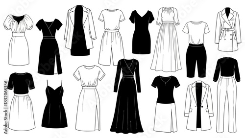 Set of vector fashion illustrations showcasing diverse collection of women's clothing including dresses jumpsuits tops skirts and jackets in black and white technical sketches
