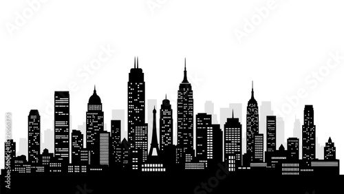 Detailed night city skyline silhouette with illuminated windows vector illustration urban street scene architecture panorama backdrop modern metropolis high rise tower cityscape graphic