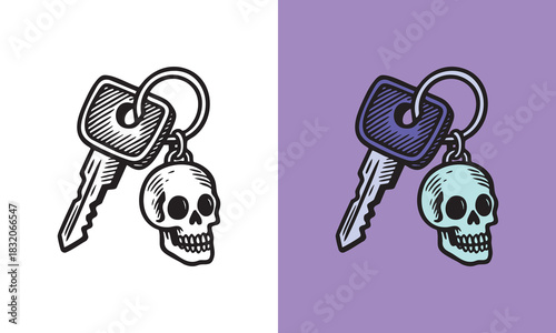 Skull Keychain with Key Illustration