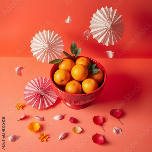 Vibrant bowl of oranges against a coral backdrop with decorative paper and floral elements creates a playful and colorful scene