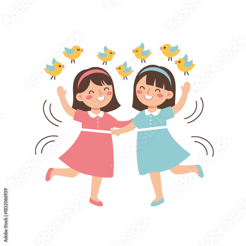 Delightful depiction of two young girls dancing joyfully amidst a flurry of cheerful yellow birds