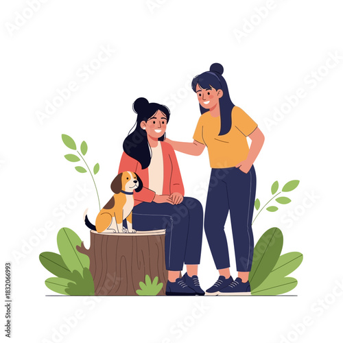 Illustration depicting a heartwarming scene of family bonding with their pet dog outdoors