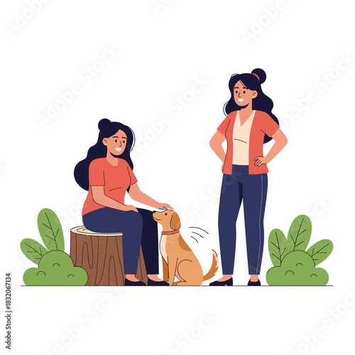 Illustrative companionship two women sharing moments with a faithful golden canine friend