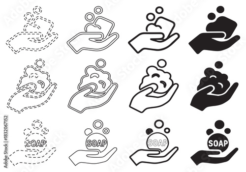 Hand washing icons showing different stages of soaping and rinsing.