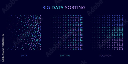 Big data sorting. Information analytics algorithms, machine learning and intelligence data picking vector concept illustration