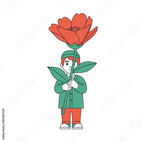 A tender illustration of a child embracing a large vibrant flower expressing innocence and affection