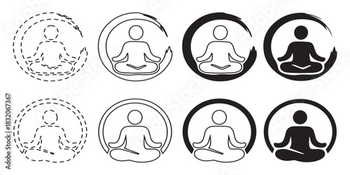 Diverse yoga poses in circles: dotted, outlined, filled, and inverted.