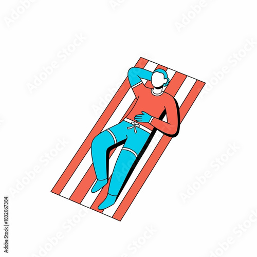 Stylized rendition of a person basking on a striped surface in vibrant colors