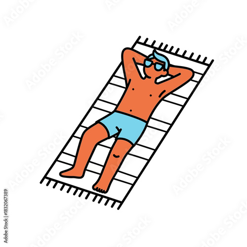 Cartoon depiction of a relaxed man sunbathing on a towel at the beach with blue shorts