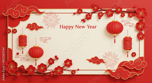 Festive new year greeting with lanterns and floral accents